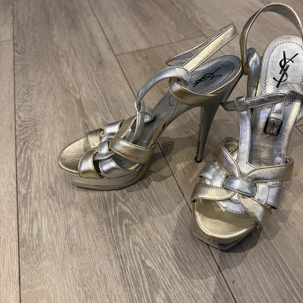 Yves Saint Laurent Metallic Silver Knotted Platform Heels